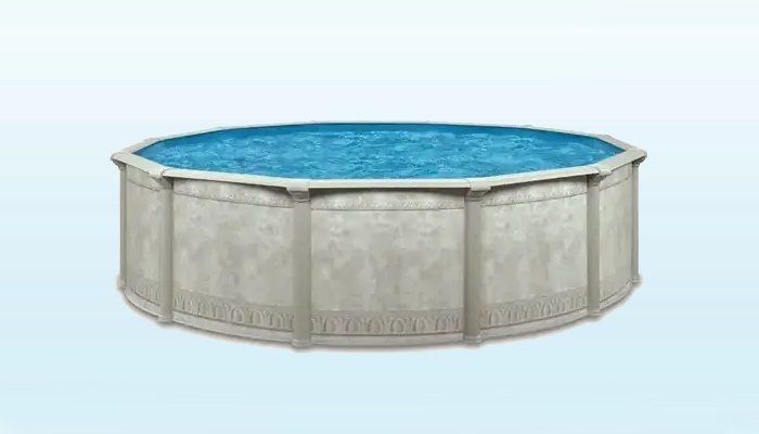 A round swimming pool filled with blue water on a blue background.