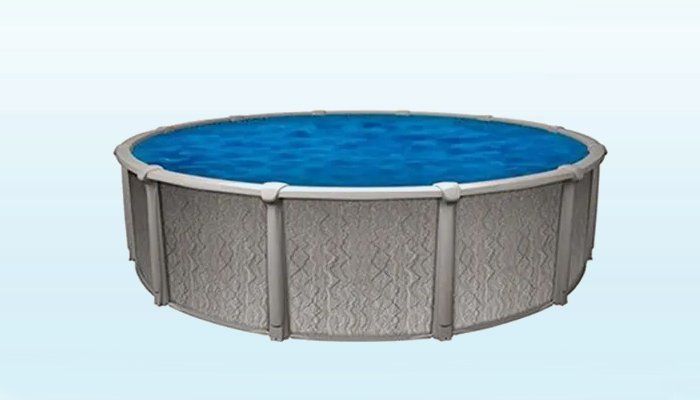 A round swimming pool filled with blue water on a blue background.