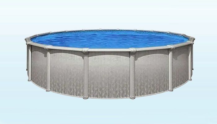 A round swimming pool filled with blue water on a blue background.