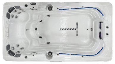 An aerial view of a swim spa on a white background.