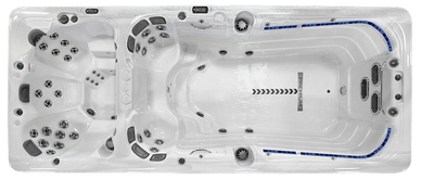 An aerial view of a large swimming pool on a white background.