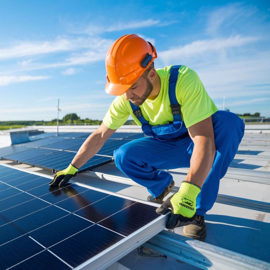 A man wearing a hard hat is installing solar panels on a roof