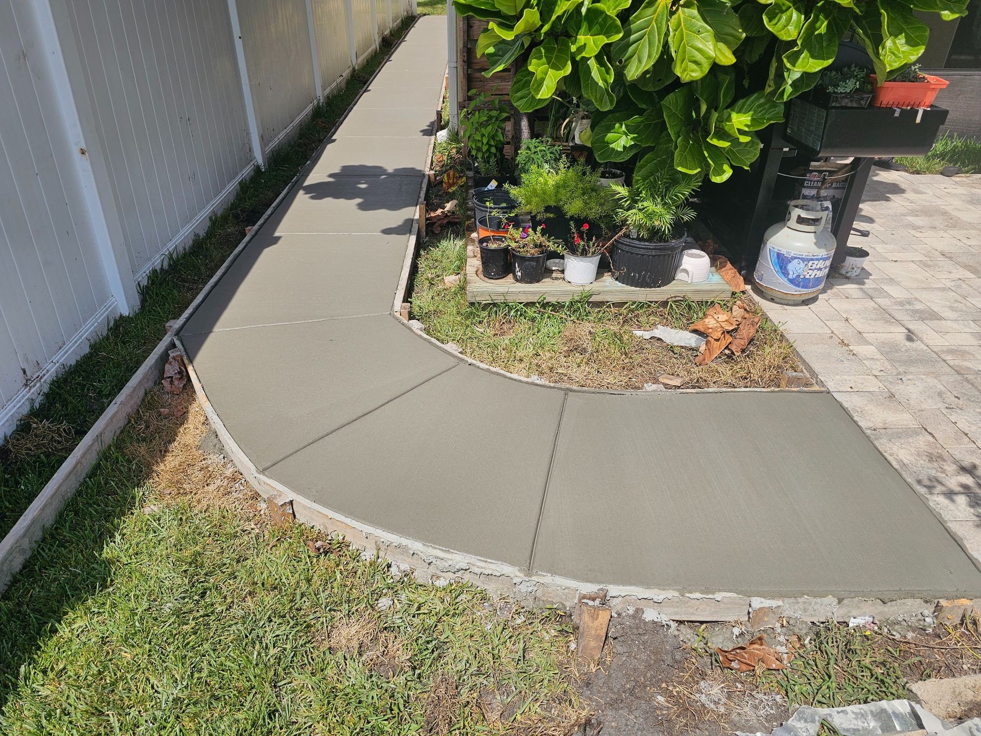 Newly poured concrete pathway curving past plants and a propane tank.