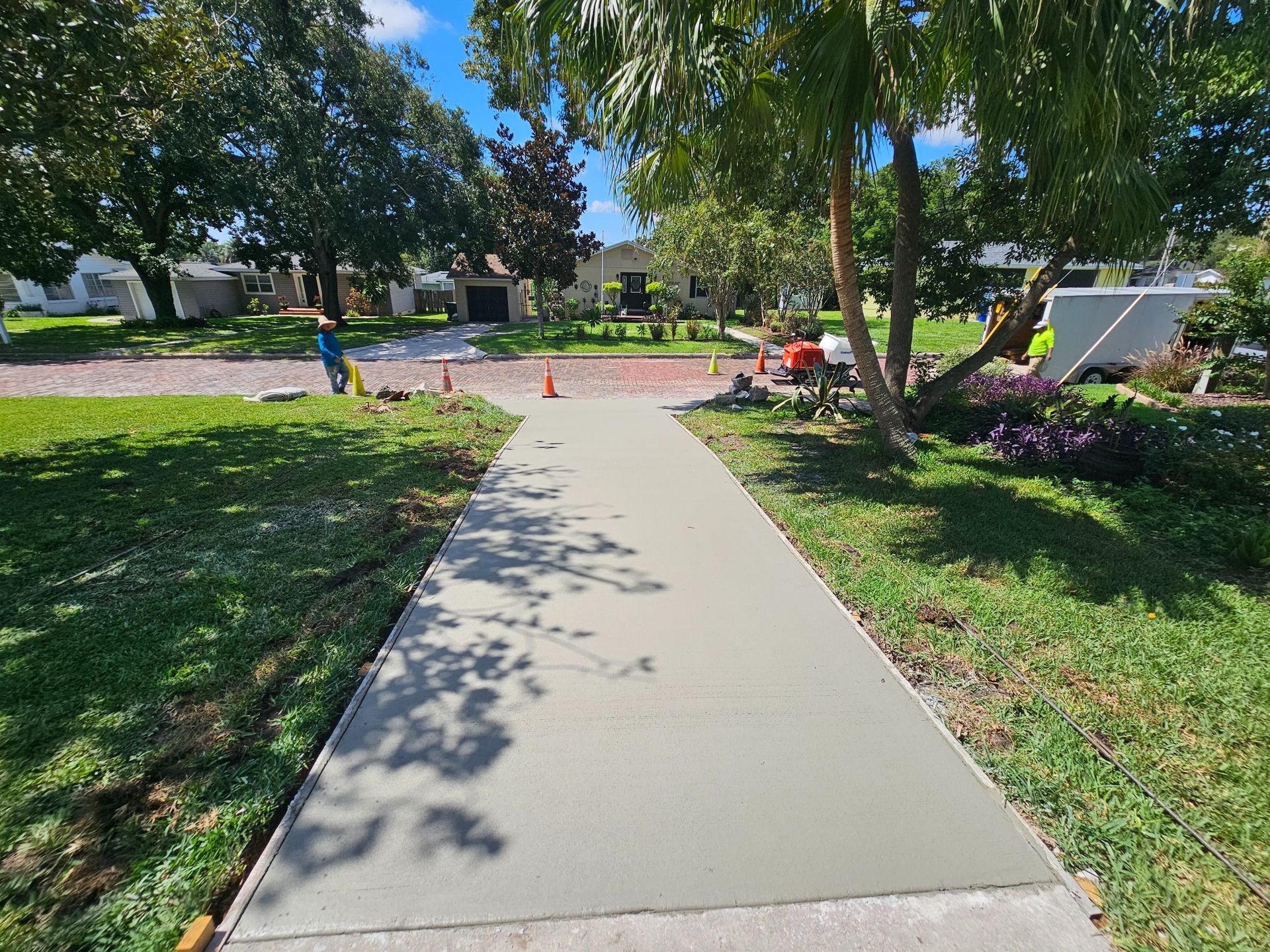 Freshly poured concrete sidewalk in a residential area, construction in progress.