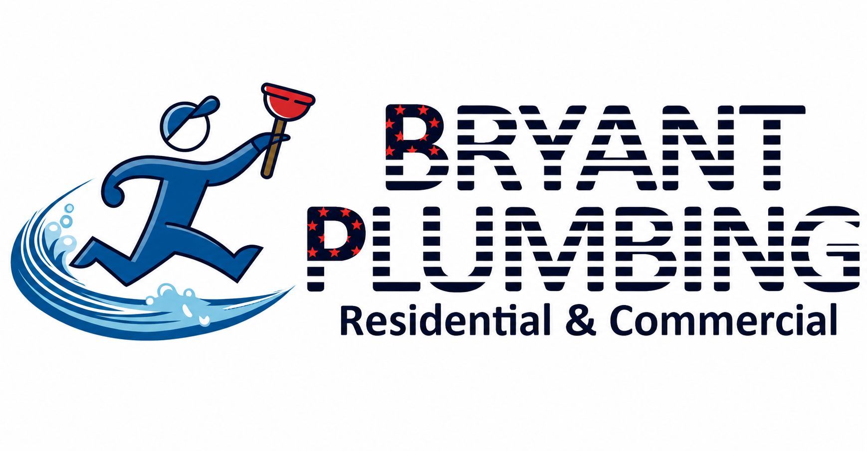 Bryant Plumbing logo with blue plumber graphic and red/black text, “Residential & Commercial” below