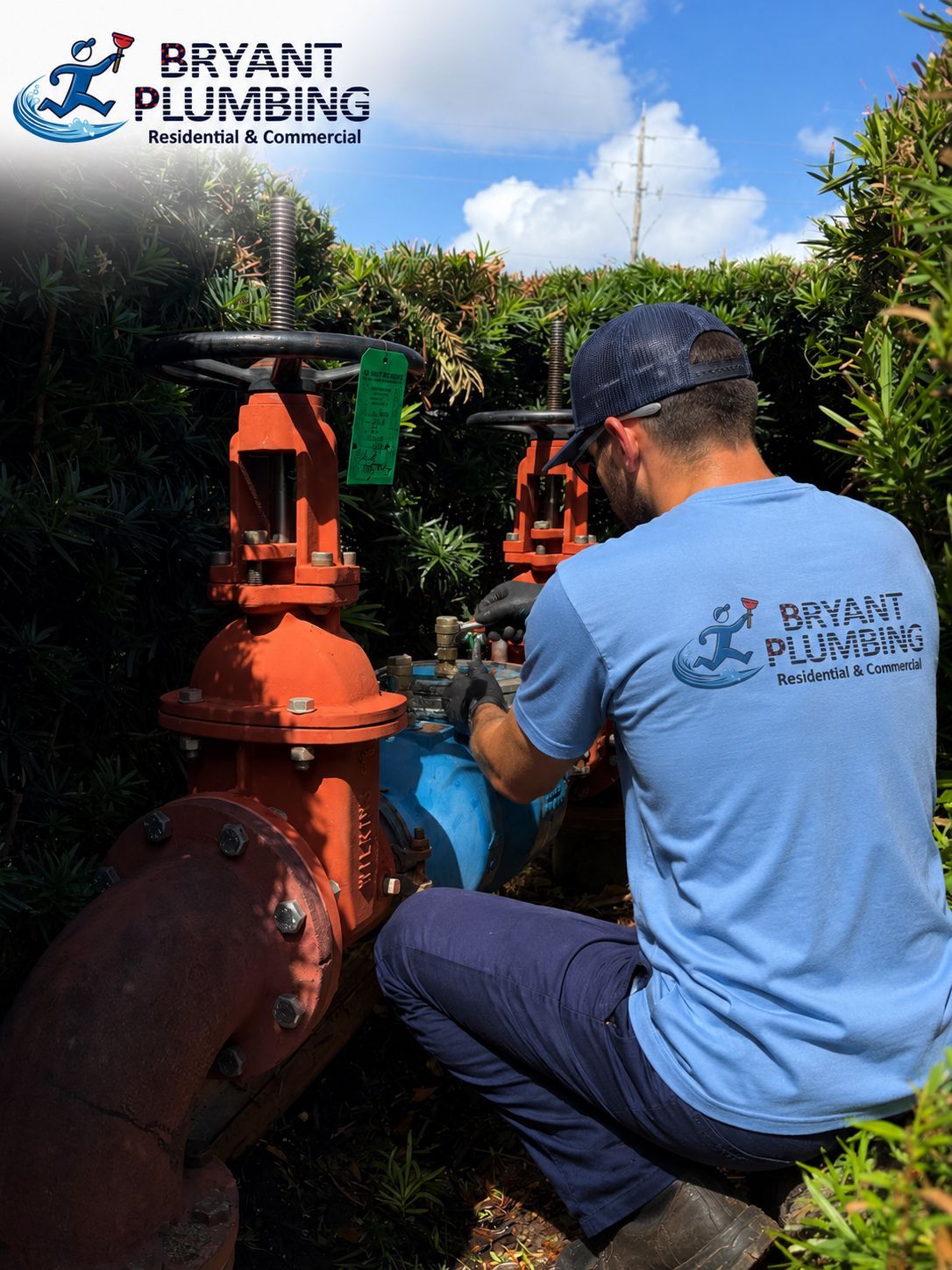 Plumber in blue shirt repairs orange fire hydrant valve outdoors under a bright sky.