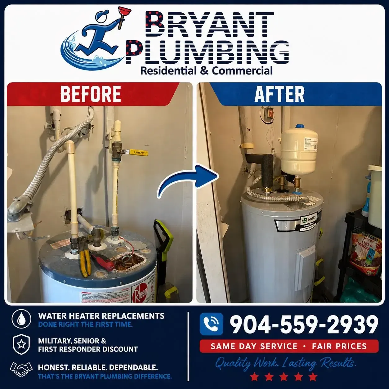 Bryant Plumbing ad showing water heater replacement before and after with phone number and service details