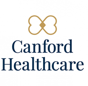 Canford Healthcare logo: gold interlocking hearts above blue text on a white background.