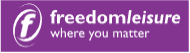 Freedom Leisure logo: white "f" in circle, with "freedomleisure where you matter" text on a purple background.