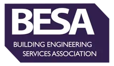 BESA logo: White text "BESA" and "Building Engineering Services Association" on a purple background.