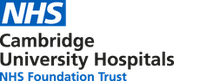 NHS Cambridge University Hospitals logo. Blue NHS box at the top, black text below.