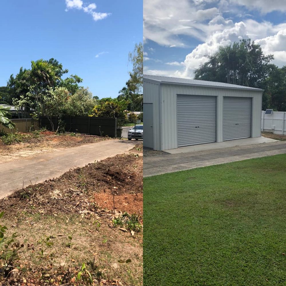 Before and After: a Driveway and Empty Lot Transformed Into a Garage With a Lush Lawn — JGD Constructions in Lake Eacham, QLD