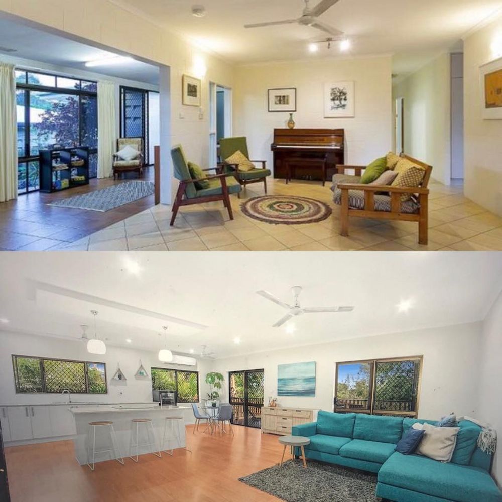 Two Interior Views of a Home, One With Dated and the Other With Modern Furnishings — JGD Constructions in Lake Eacham, QLD