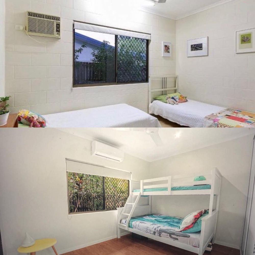 Two Photos of Bedrooms; Top With Two Single Beds, Bottom With a Bunk Bed — JGD Constructions in Lake Eacham, QLD