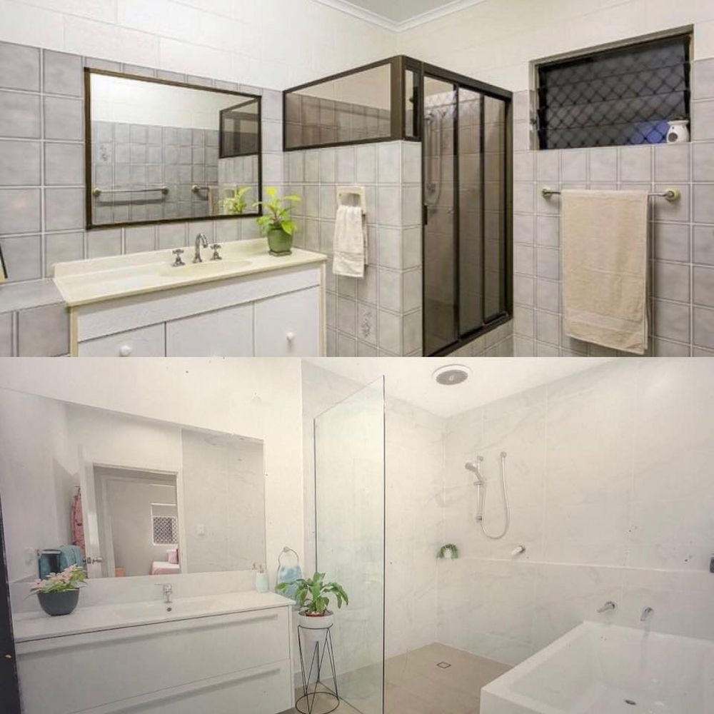 Two Bathroom Views, Before and After Renovation — JGD Constructions in Yungaburra, QLD