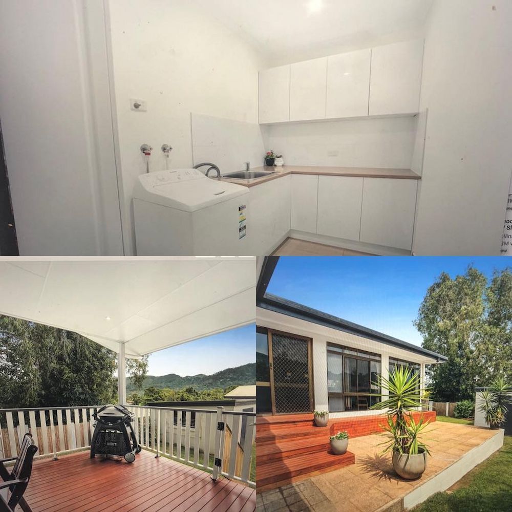 Laundry Room With White Cabinets, Deck With a View, and House With a Patio — JGD Constructions in Lake Eacham, QLD