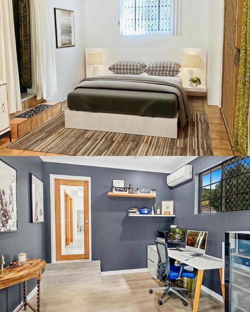 Bedroom With Bed, Rug, and Side Tables, and Room With Desk, Shelves, and a Door — JGD Constructions in Atherton, QLD