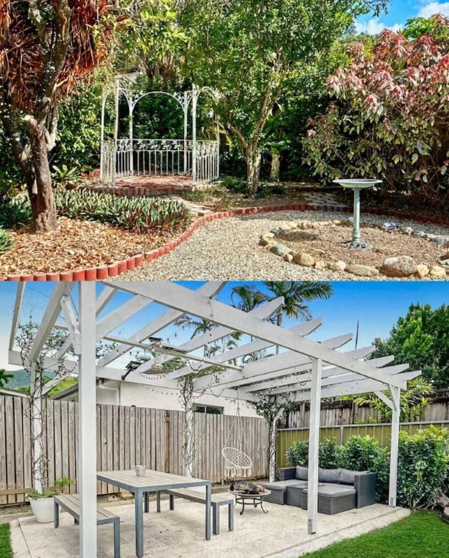 A Garden With a White Gazebo and a Birdbath, and a Patio With a White Pergola — JGD Constructions in Lake Eacham, QLD