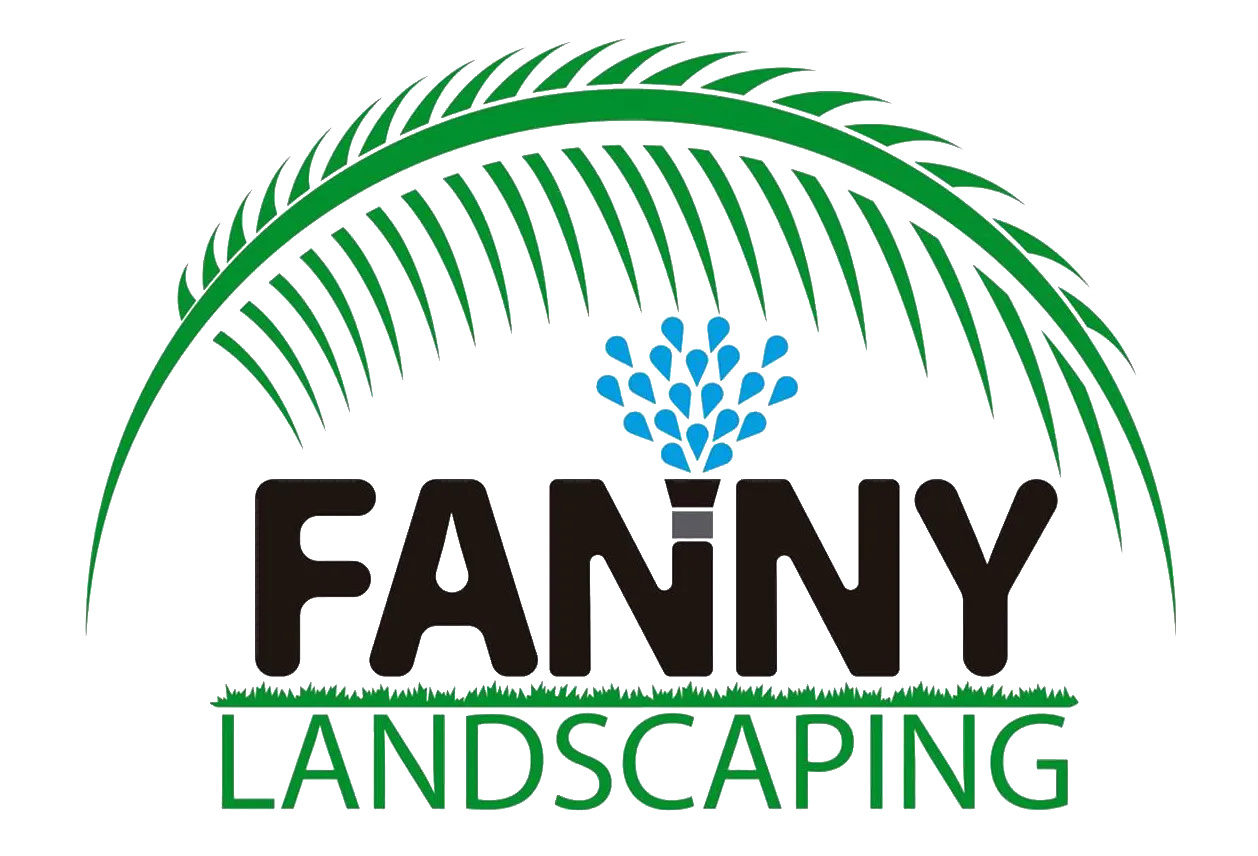 Logo for Fanny Landscaping: black text, green palm frond and grass, blue water droplets.