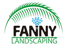 Logo for Fanny Landscaping: black text, green palm frond and grass, blue water droplets.