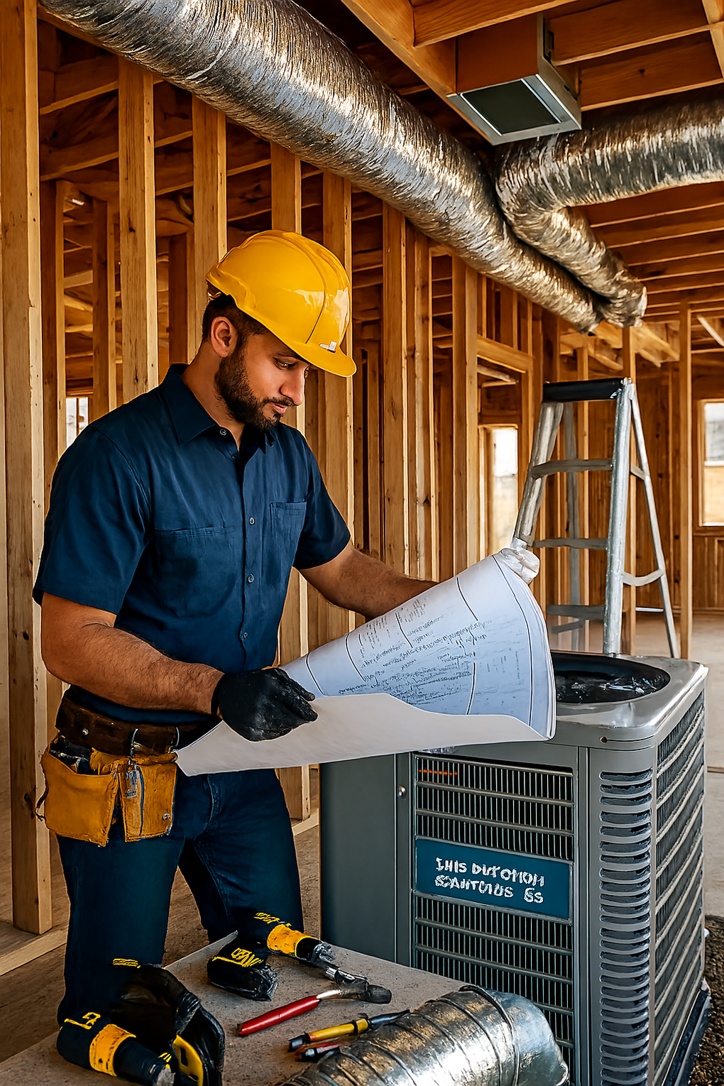 Construction worker in hard hat studying blueprints next to HVAC unit in a building under construction.