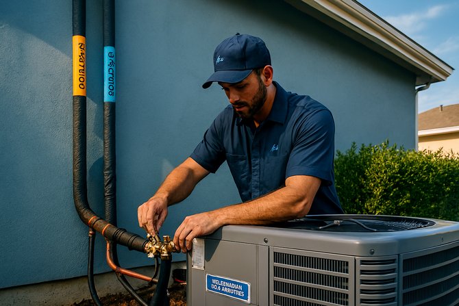 HVAC technician working on an outdoor air conditioning unit next to a light blue wall.