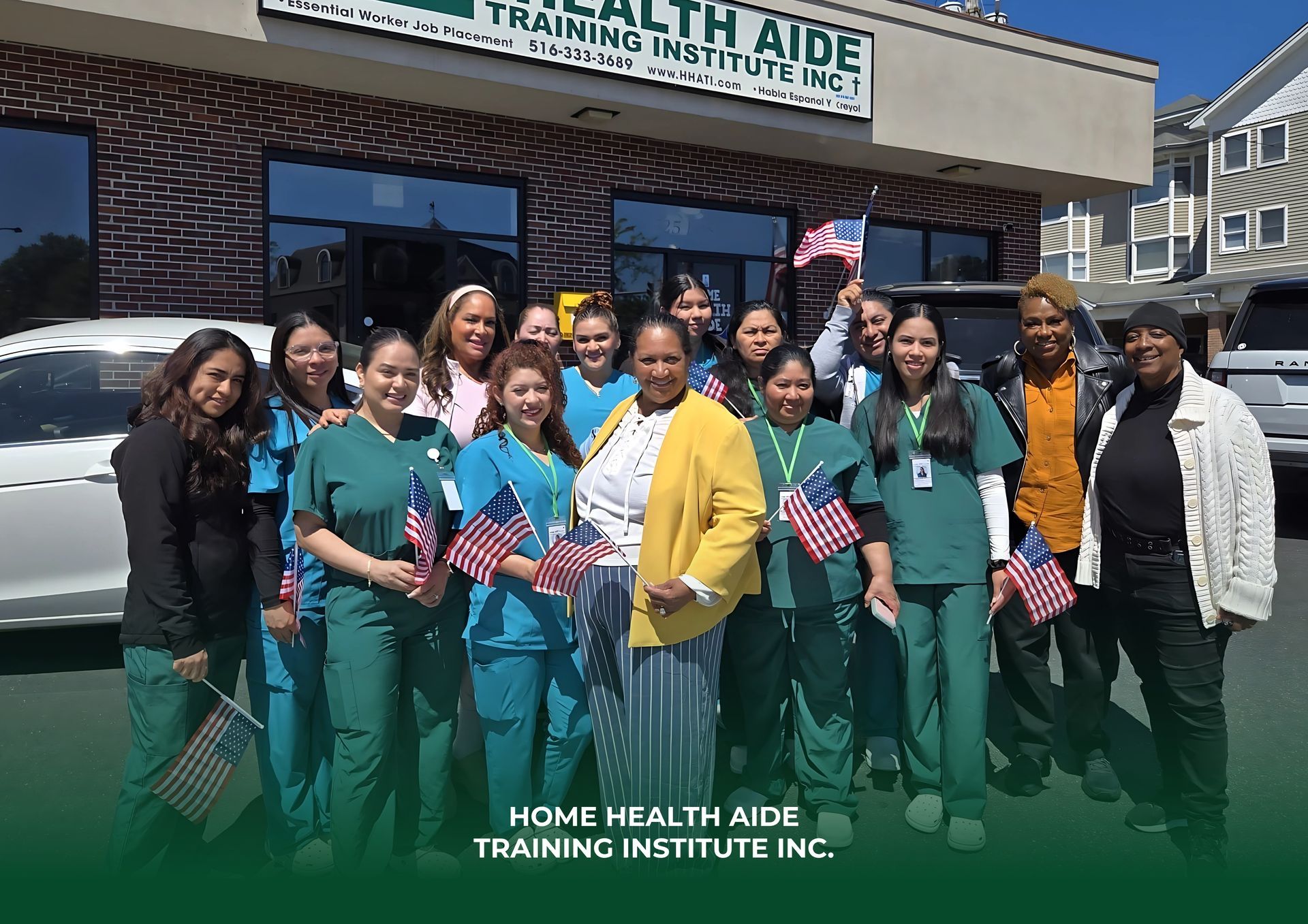 A group of people are posing for a picture in front of a building that says home health aide training institute inc.