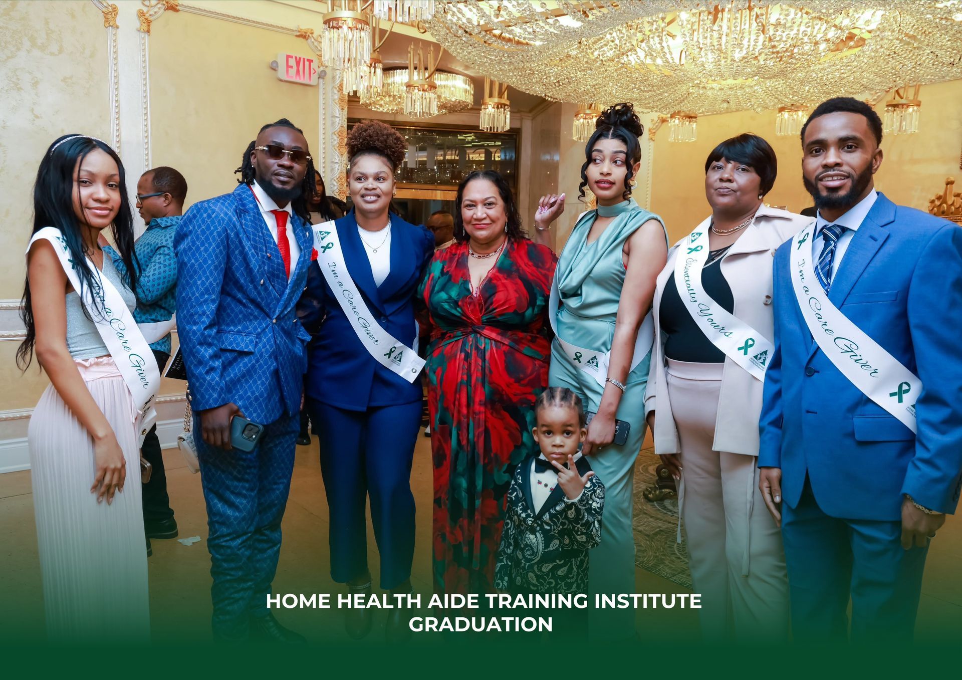 A group of people are posing for a picture in a room.