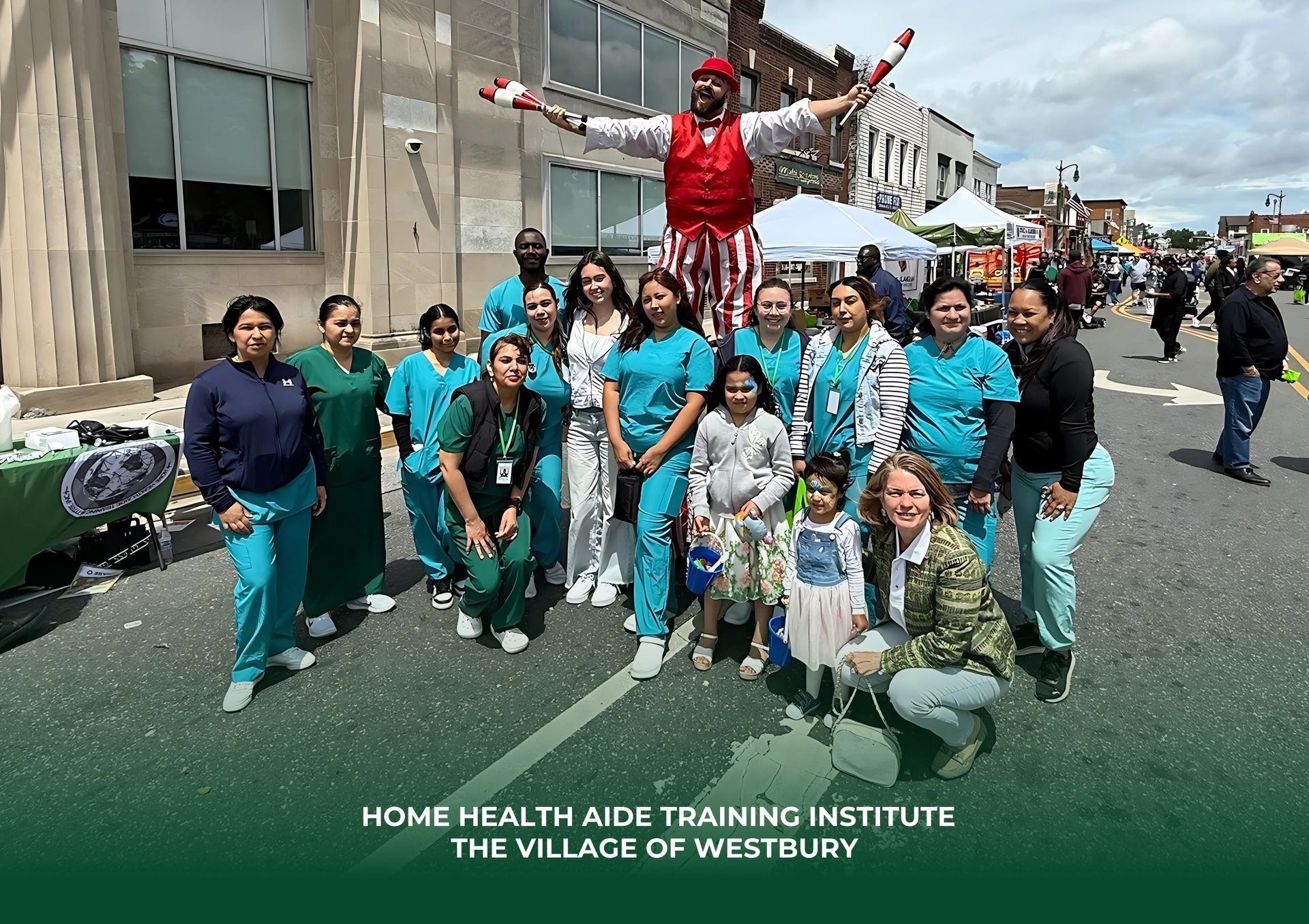 A group of people are posing for a picture with a clown on stilts.