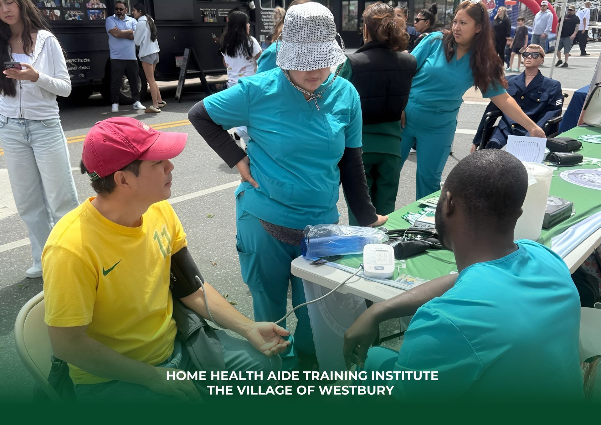 A group of people standing around a table with the words home health aide training institute on the bottom