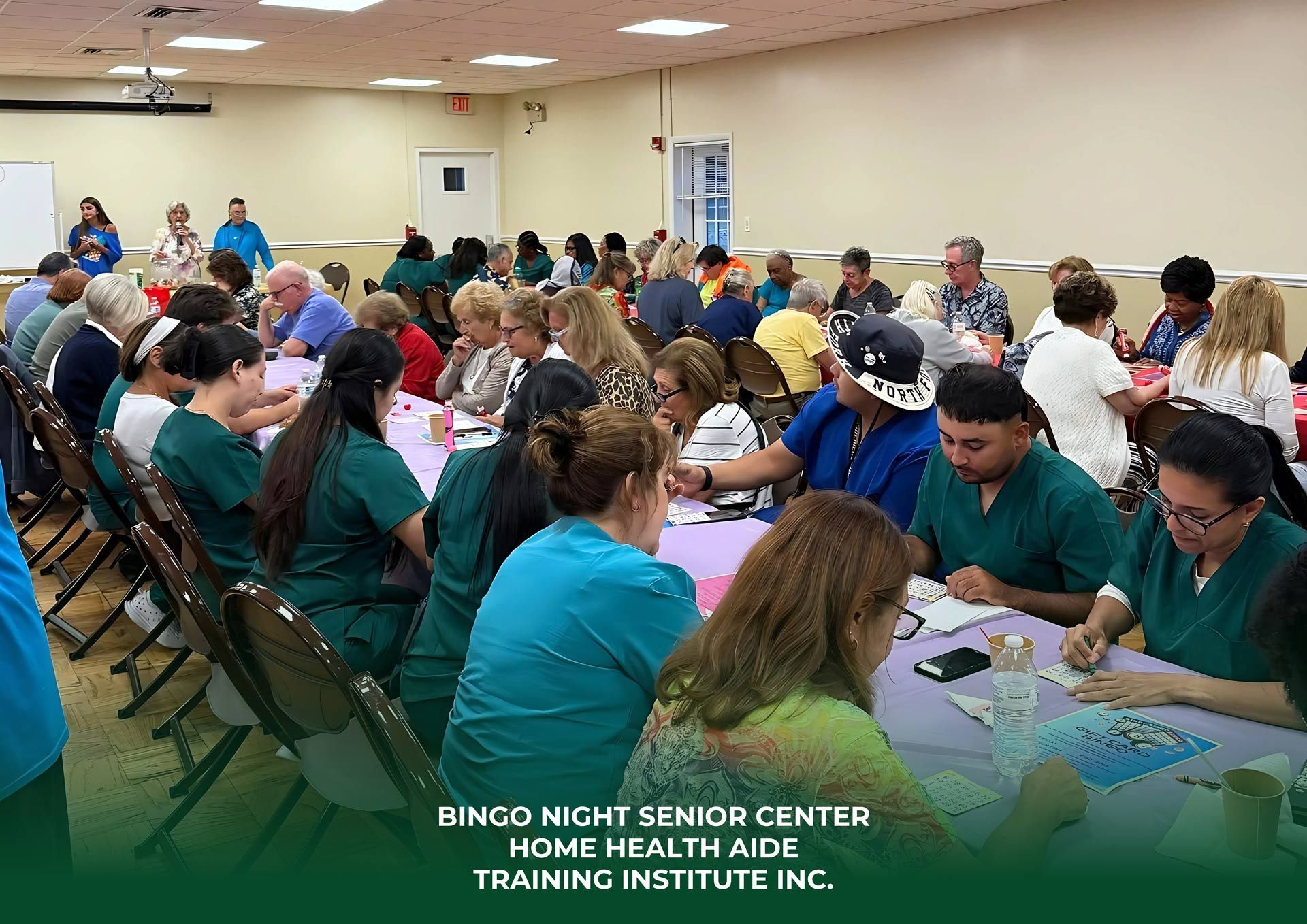 Senior center event: Seniors at tables with healthcare workers, likely for health checkups or training.