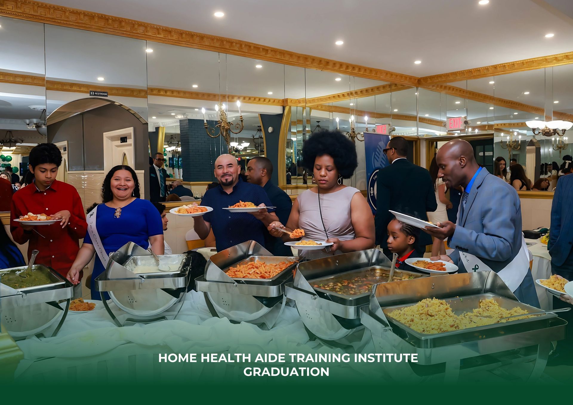 A group of people are standing around a buffet table eating food.