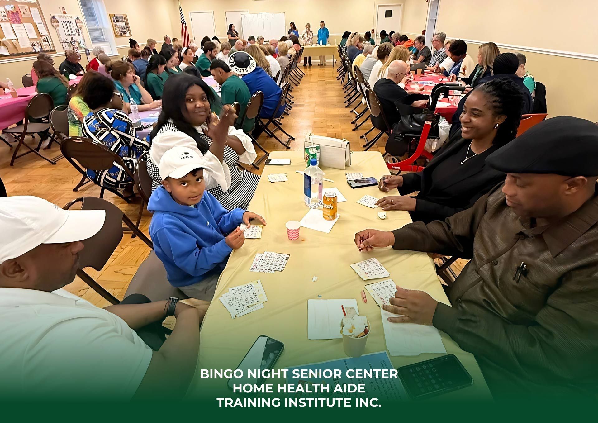 People playing cards at Bingo night in a senior center.
