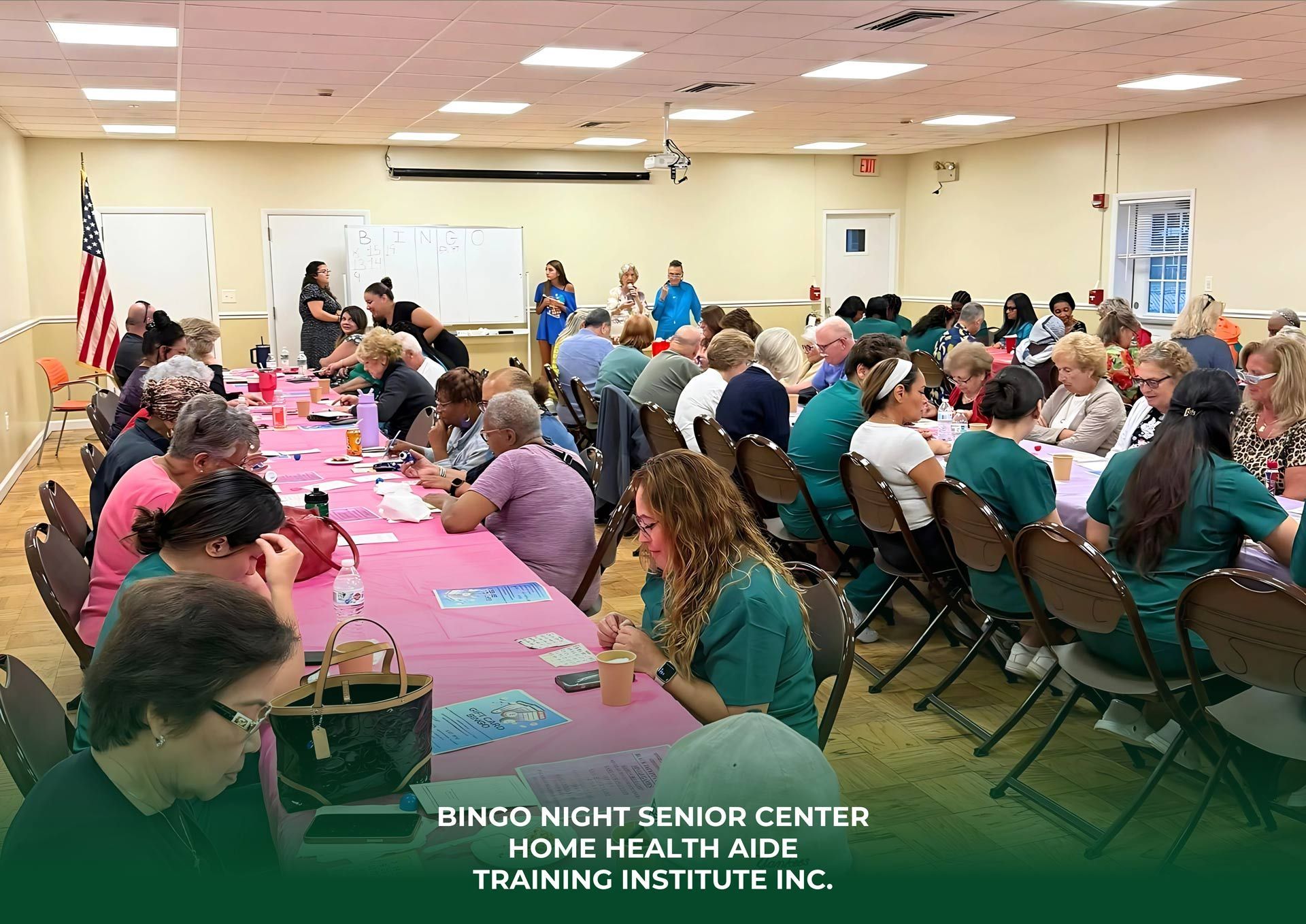 Seniors at a Cinco Nicit Senior Center event: tables set, people seated, and staff members present.