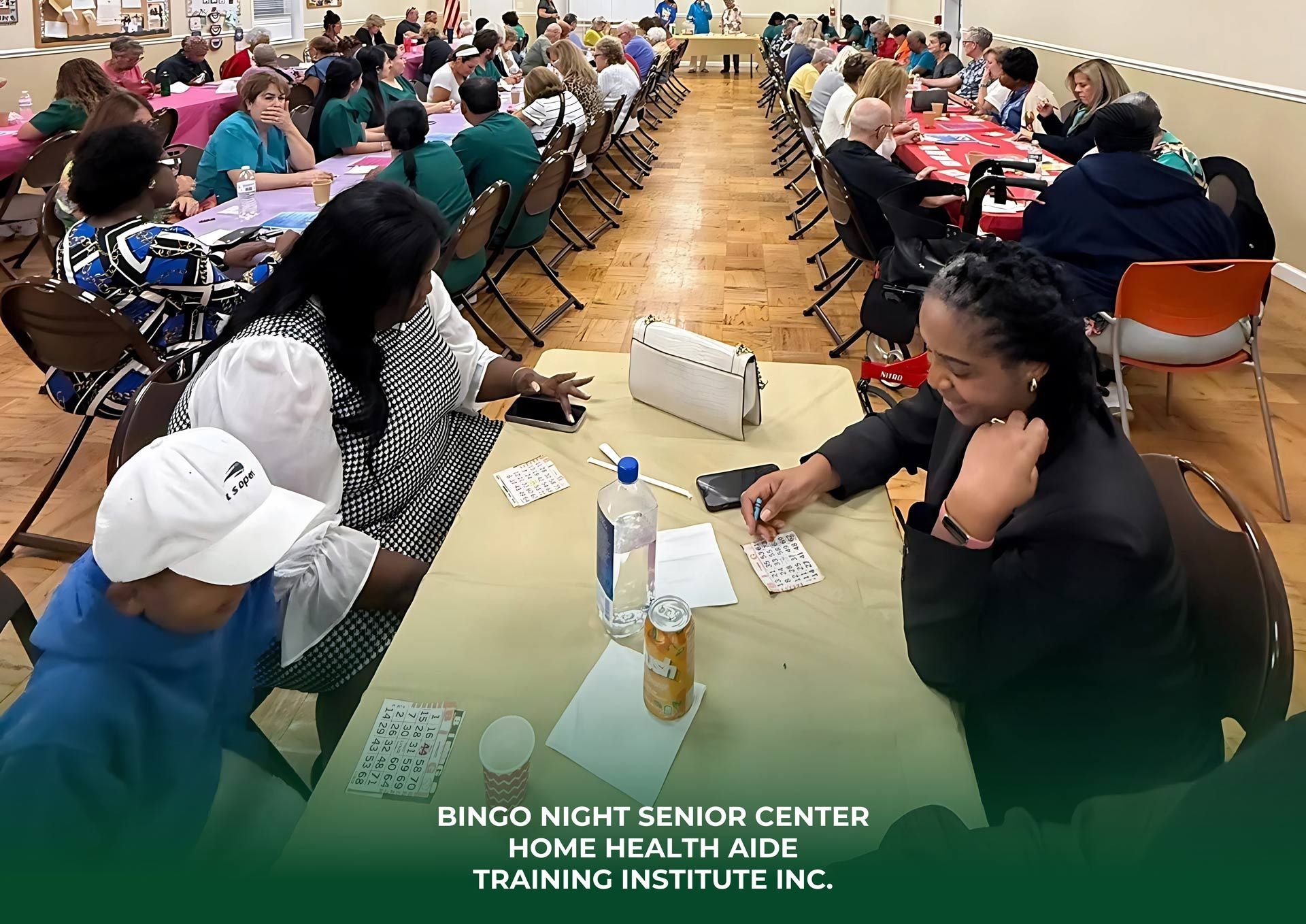 People playing bingo at the Senior Center. Tables, chairs, drinks, and bingo cards visible.