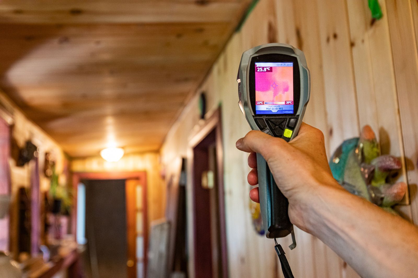 Hand holding a thermal imaging camera in a wooden hallway, displaying heat variations.
