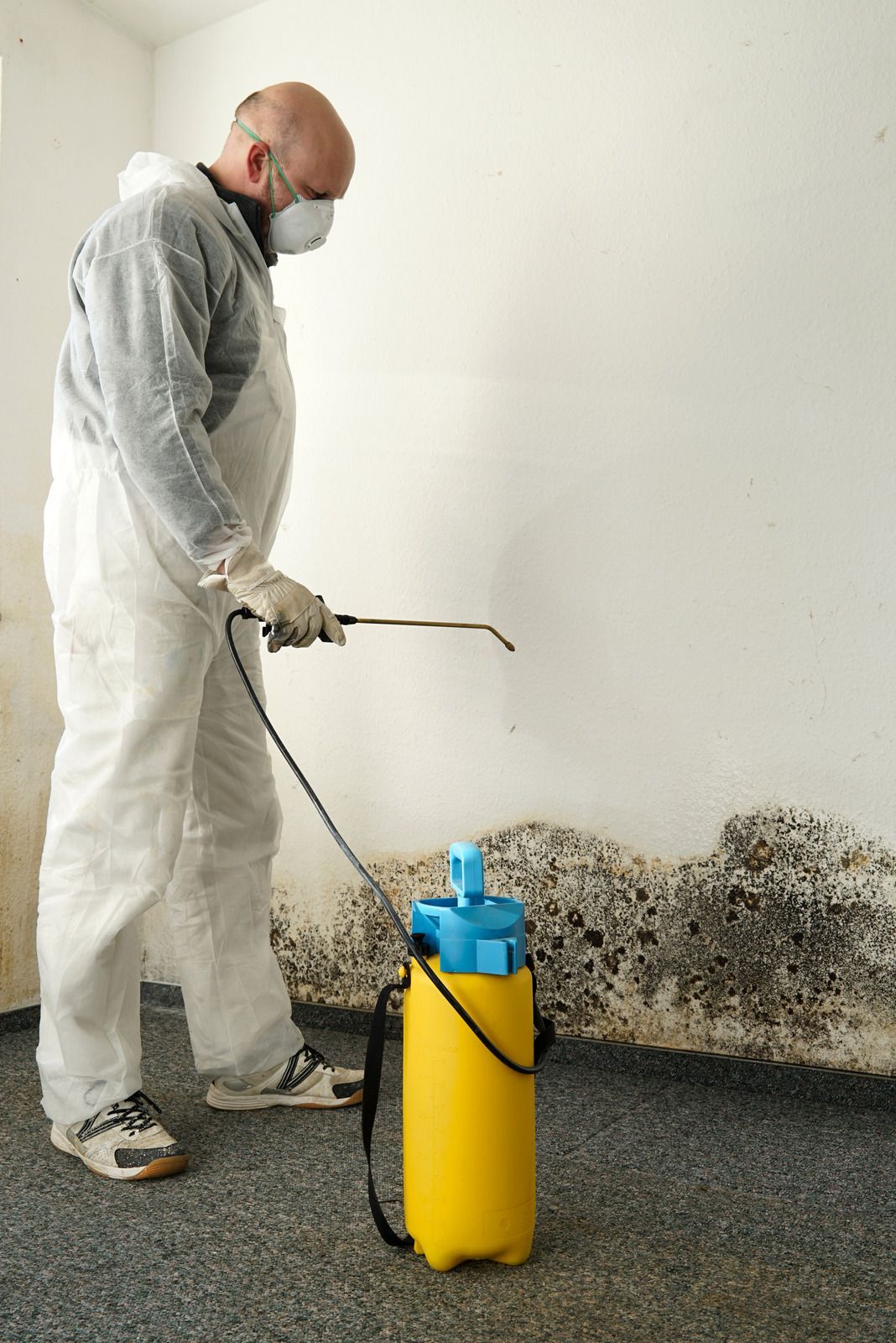 Man in protective suit spraying a mold-covered wall with a yellow sprayer in an interior setting.