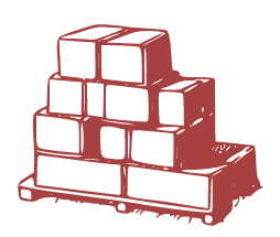 A stack of rectangular cardboard boxes arranged in a tiered pile on a wooden shipping pallet, illustrated in dark red.