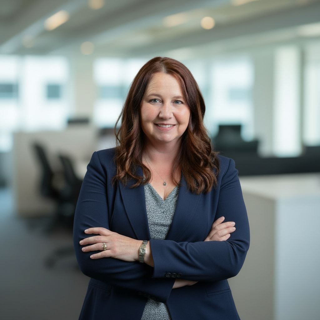 A person with shoulder-length auburn hair wears a navy blazer and grey patterned top, posing with arms crossed in an office.