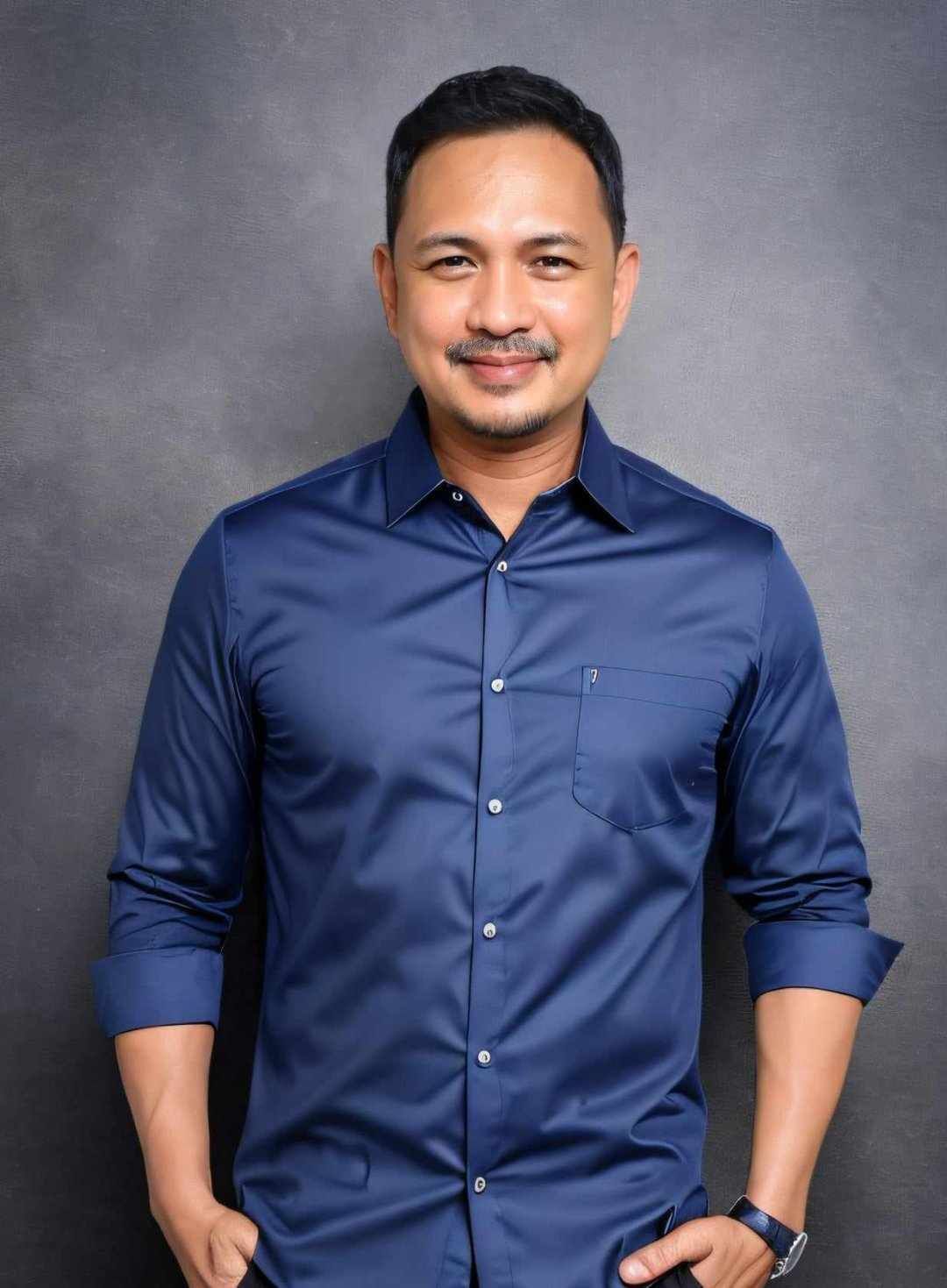 A person with a light beard smiles, wearing a long-sleeved navy blue button-up shirt against a grey textured background.