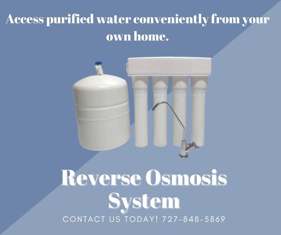 An advertisement for a reverse osmosis system on a blue background