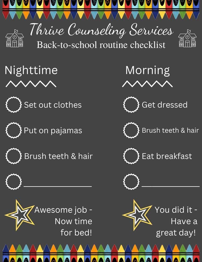 Back-to-school checklist with nighttime and morning routines: set out clothes, get dressed, etc.