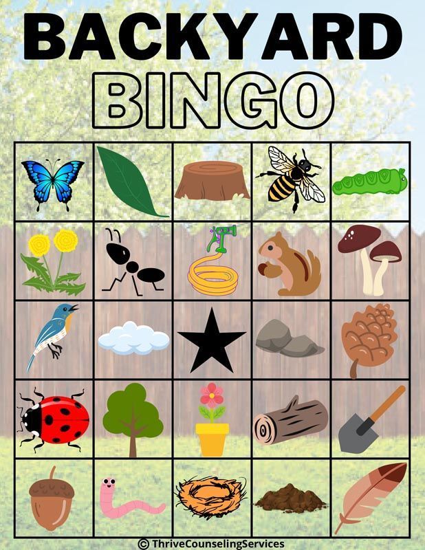 Backyard bingo game board with nature items and creatures in grid.