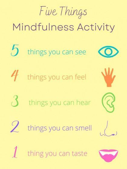 Mindfulness activity graphic. Lists 5 things to see, 4 to feel, 3 to hear, 2 to smell, and 1 to taste.