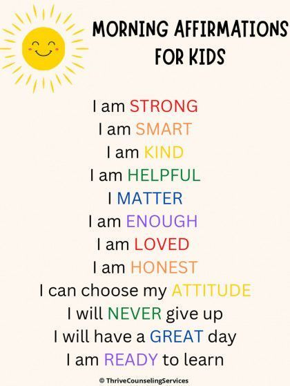 Morning affirmations for kids: Text with a smiling sun icon. Affirmations like 