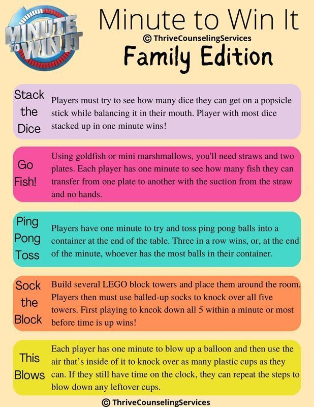 Minute to Win It family game guide. Instructions for five challenges with colorful text.