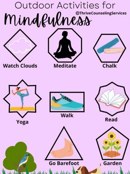 Outdoor activities for mindfulness: icons of clouds, meditation, chalk, yoga, walk, read, gardening, and go barefoot.