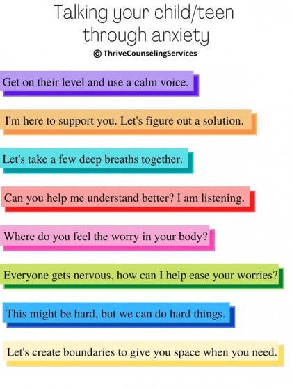 Infographic: Talking to children/teens about anxiety. Colorful text boxes offer supportive phrases.