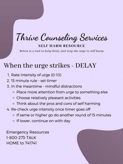 Flyer with self-harm delay strategies from Thrive Counseling Services. It includes a timer and distraction ideas.
