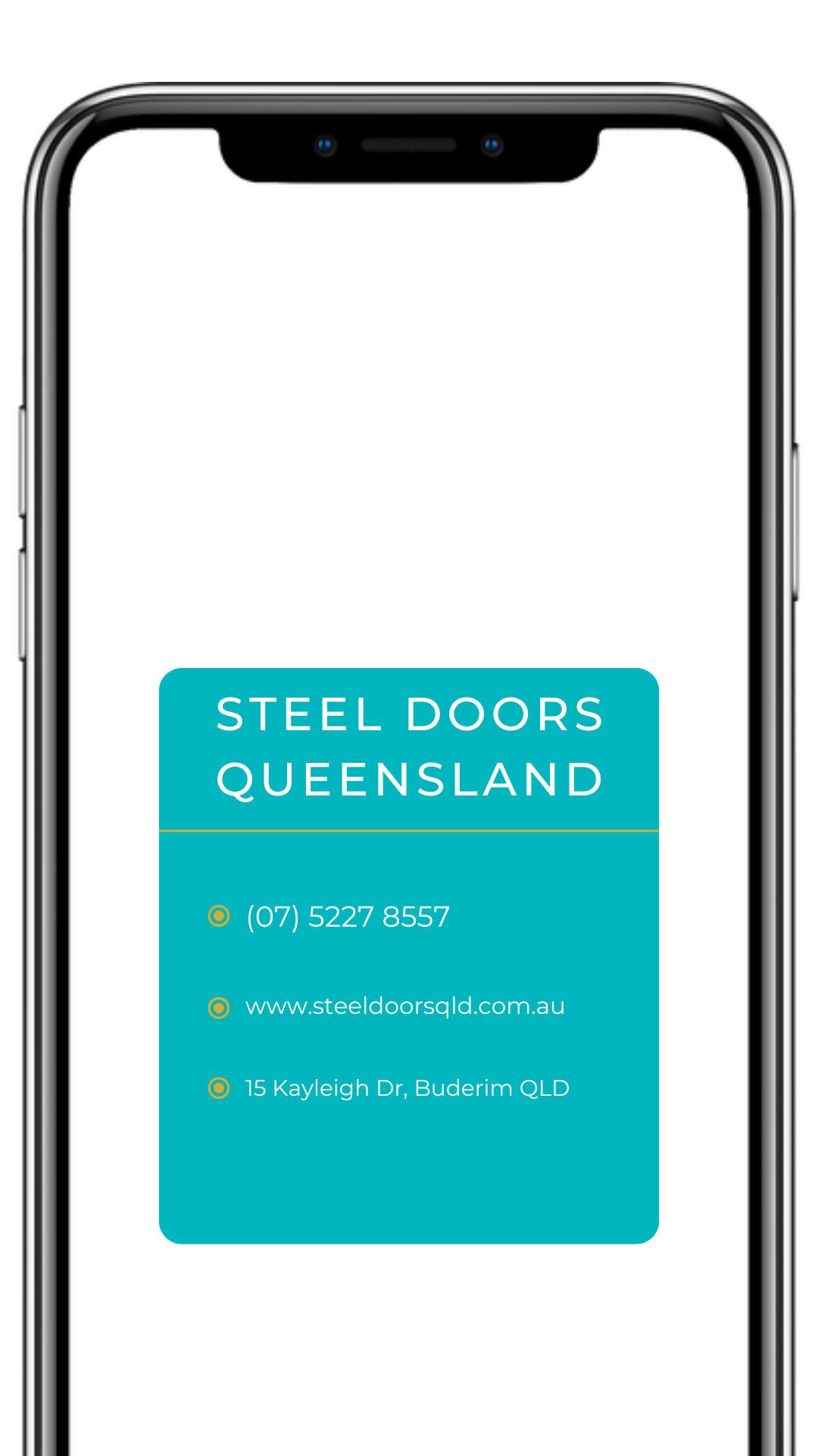 A cell phone with a blue sign on the screen that says `` steel doors queensland ''.